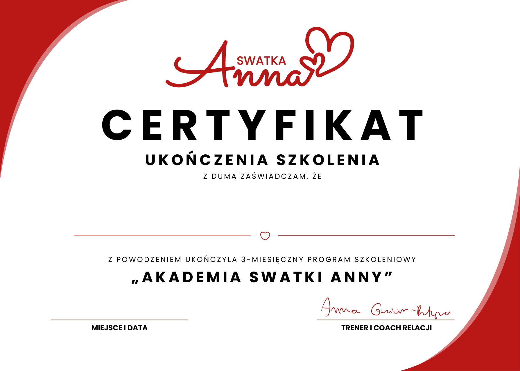 Certyfikat ukończenia Akademii Swatki Anny